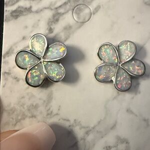 Hawaiian plumeria flower stud earrings with faux opal inlay